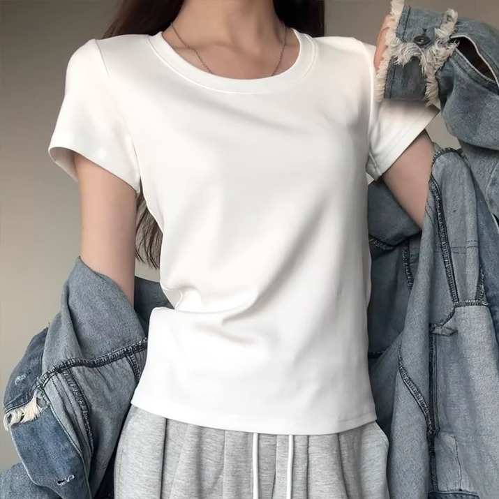 白色u领纯棉短袖t恤女2025新款夏季修身显瘦气质小众不撞款上衣服