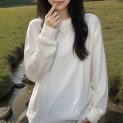 纯棉长袖t恤女2025新款秋冬加绒内搭打底衫上衣oversize美式穿搭