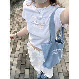 修身 白色纯棉短袖 夏季 t恤女2025新款 显瘦韩里韩气设计感上衣 爆款