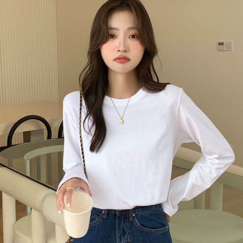 春秋装白色纯棉长袖T恤女冬季洋气内搭加绒打底衫甜辣小上衣ins潮
