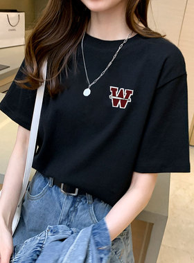 黑色纯棉短袖t恤女2026新款春秋装夏季宽松显瘦时尚洋气减龄上衣
