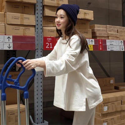 秋冬季开叉白色长袖T恤加绒上衣