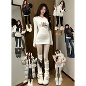 纯欲性感辣妹修身 t恤上衣遮屁股洋气 长袖 内搭打底衫 女白色中长款