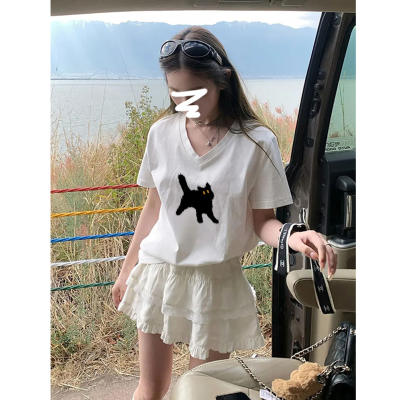 白色v领纯棉短袖t恤女2025新款夏季宽松显瘦韩系慵懒风松弛感上衣