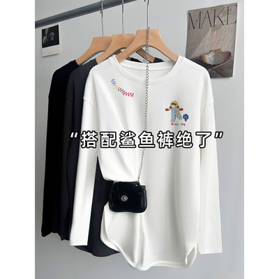 白色纯棉长袖t恤女2025新款秋冬内搭打底衫中长款上衣遮屁股洋气