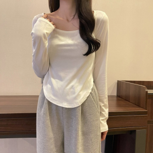 短款 加绒纯欲风U领紧身长袖 内搭打底衫 春秋冬季 上衣 T恤女2025新款