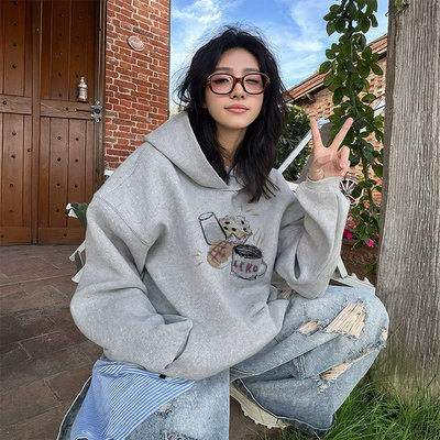 巨好看的灰色连帽女士卫衣2025年新款秋冬季韩系穿搭加绒加厚外套