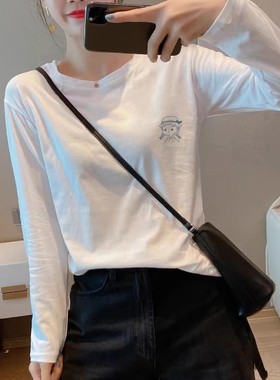 白色纯棉内搭打底衫女春秋装冬季小众设计感加绒长袖t恤上衣外穿