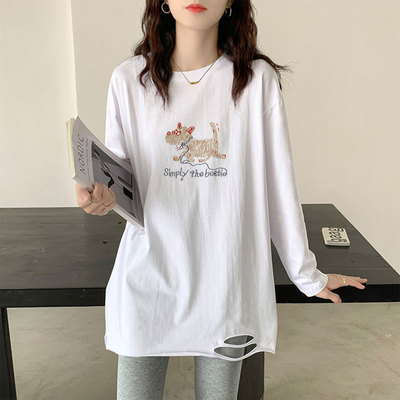 秋冬季加绒内搭打底衫女白色长袖t恤中长款遮屁股洋气破洞上衣服