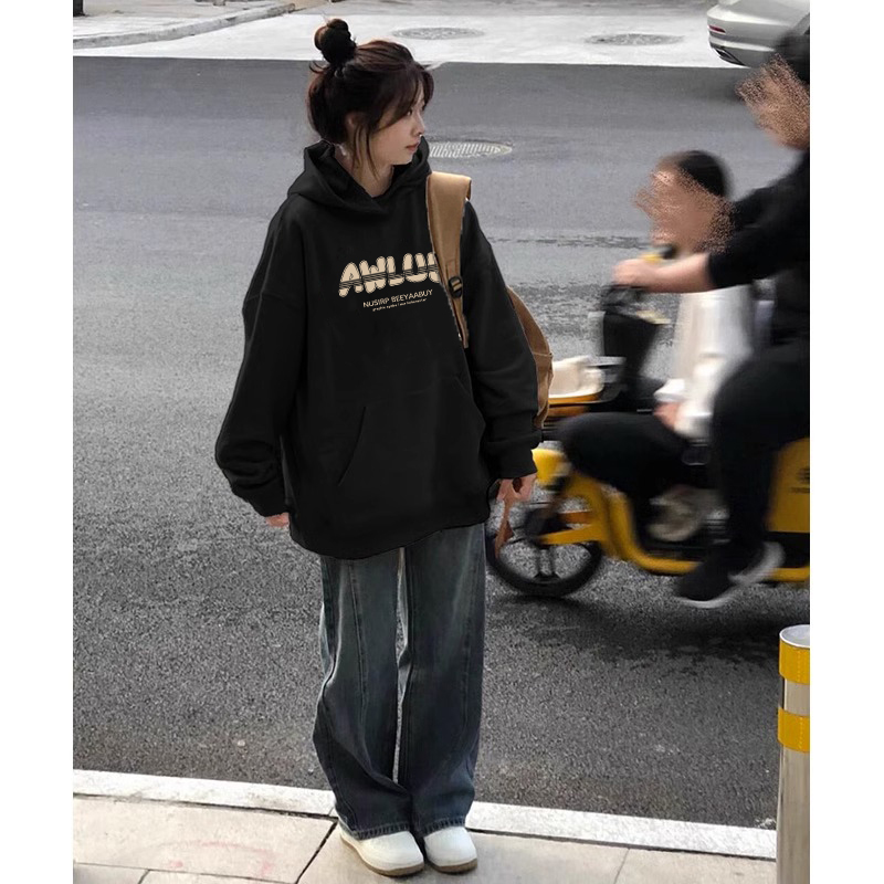 美式高街连帽卫衣女宽松加绒上衣