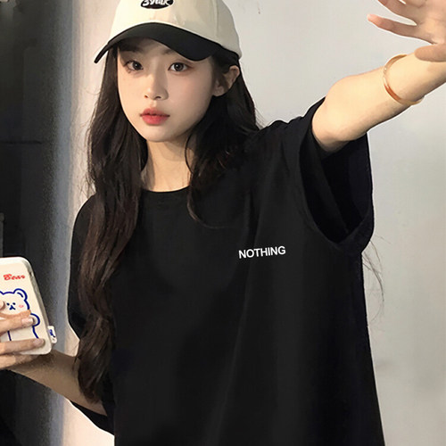 夏日韩系漂亮黑色纯棉短袖t恤女装2025新款宽松休闲百搭显瘦上衣