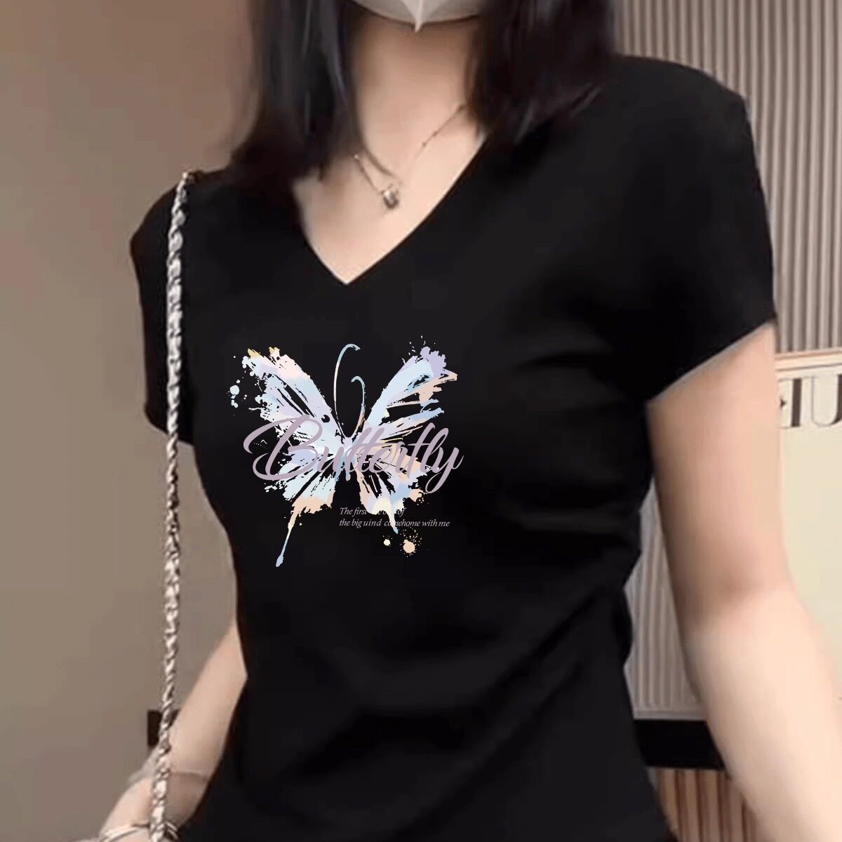 黑色v领正肩纯棉短袖t恤女夏季胖mm遮肚子法式收腰褶皱不规则上衣