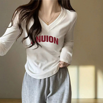 白色v领纯棉长袖t恤女2025早秋新款内搭打底衫设计感酷飒拽姐上衣