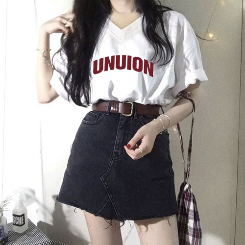 夏季欧货纯棉正肩V领短袖女装t恤