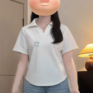 修身 t恤女装 纯棉polo衫 短袖 正肩韩系chic别致小上衣 2025新款 夏季
