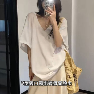白色v领纯棉短袖 宽松韩系显瘦上衣女设计感小众 t恤女2025新款 夏季