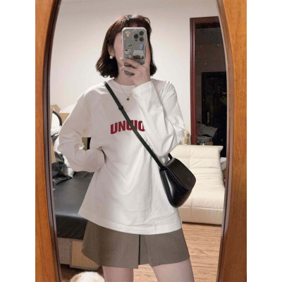 秋冬季加绒内搭打底衫女2025新款宽松慵懒风白色纯棉长袖t恤上衣