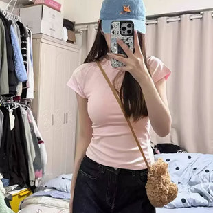 炸街独特漂亮上衣服 粉色正肩修身 显瘦纯棉短袖 t恤女2025新款 夏季