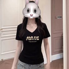 黑色v领纯棉短袖t恤女装2025新款夏季超火减龄上衣薄款轻奢高级感