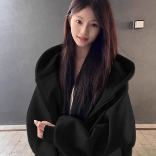 黑色女士卫衣2026新款早秋冬季加绒韩里韩气巨好看的穿搭开衫外套