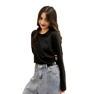 纯棉长袖t恤黑色内搭高级感打底衫女2026新款秋冬季加绒宽松上衣
