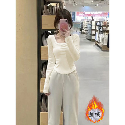 U领白色打底衫长袖t恤女加绒上衣