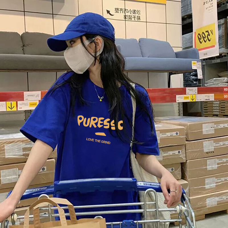 克莱因蓝纯棉短袖t恤女夏季美式复古港味chic设计感小众潮牌上衣