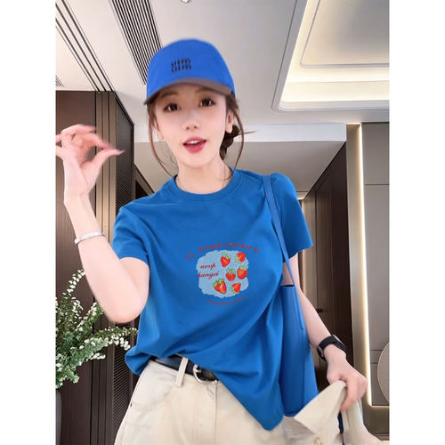 克莱因蓝多巴胺穿搭高质量纯棉短袖t恤女巨好看的夏日上衣不撞款