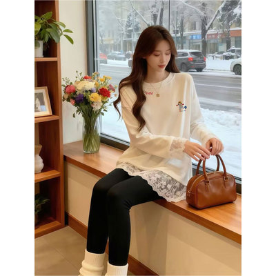 秋冬德绒蕾丝内搭打底衫女中长款遮屁股独特漂亮洋气长袖t恤上衣