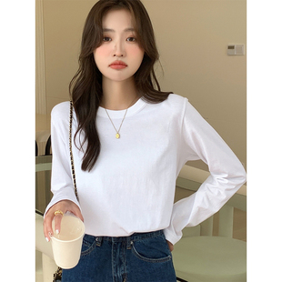 t恤上衣 洋气加绒宽松显瘦正肩长袖 白色纯棉内搭打底衫 女秋冬季