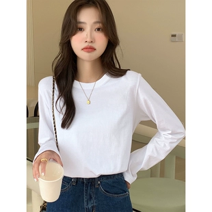 洋气加绒宽松显瘦正肩长袖 白色纯棉内搭打底衫 女秋冬季 t恤上衣