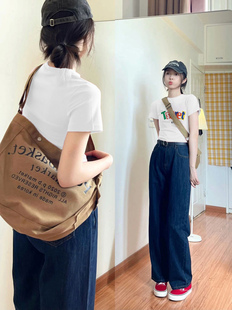 上衣服 白色纯棉短袖 t恤女夏季 别致小众设计高级感正肩女装 打底衫
