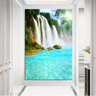 瀑布玄关入户江河湖海流水生财山水画挂画客厅酒店卧室自粘画壁画