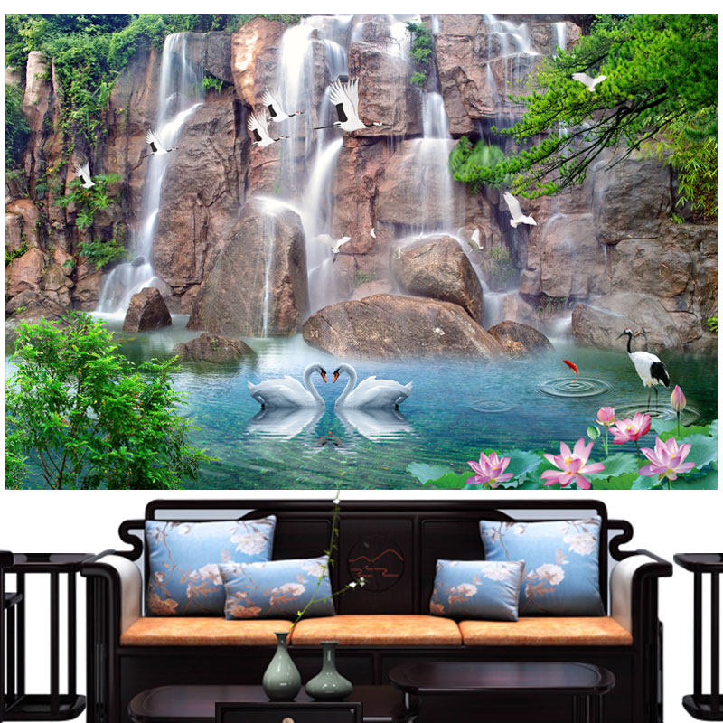 流水生财白鹤延年流水生财花开富贵迎客松自粘山水画风景画