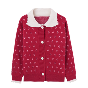 外套941 复古娃娃领撞色提花针织开衫 清仓狂欢