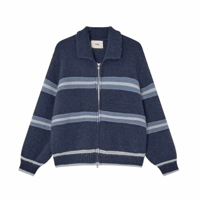 【陈书婷专享】韩系翻领撞色条纹宽松显瘦针织开衫外套939