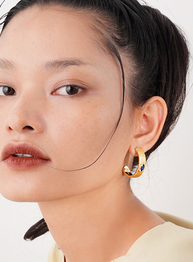 Moblegend小众设计师蓝色锆石C耳圈女欧美复古耳饰气质高级感耳环