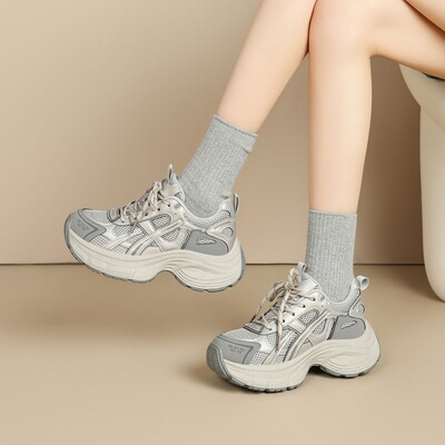 ZHR加绒灰色厚底老爹鞋2025秋冬新款小个子增高轻便泉州休闲鞋女