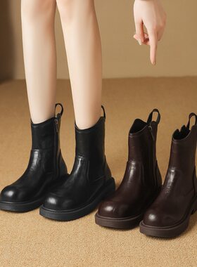 ZHR则则复古优雅加绒短靴厚底增高2025冬季粗根女靴子通勤瘦瘦靴
