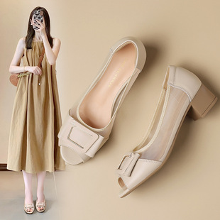 网纱女鞋 ZHR头层牛皮真皮镂空浅口法式 时尚 2025新款 鱼嘴单鞋 夏季