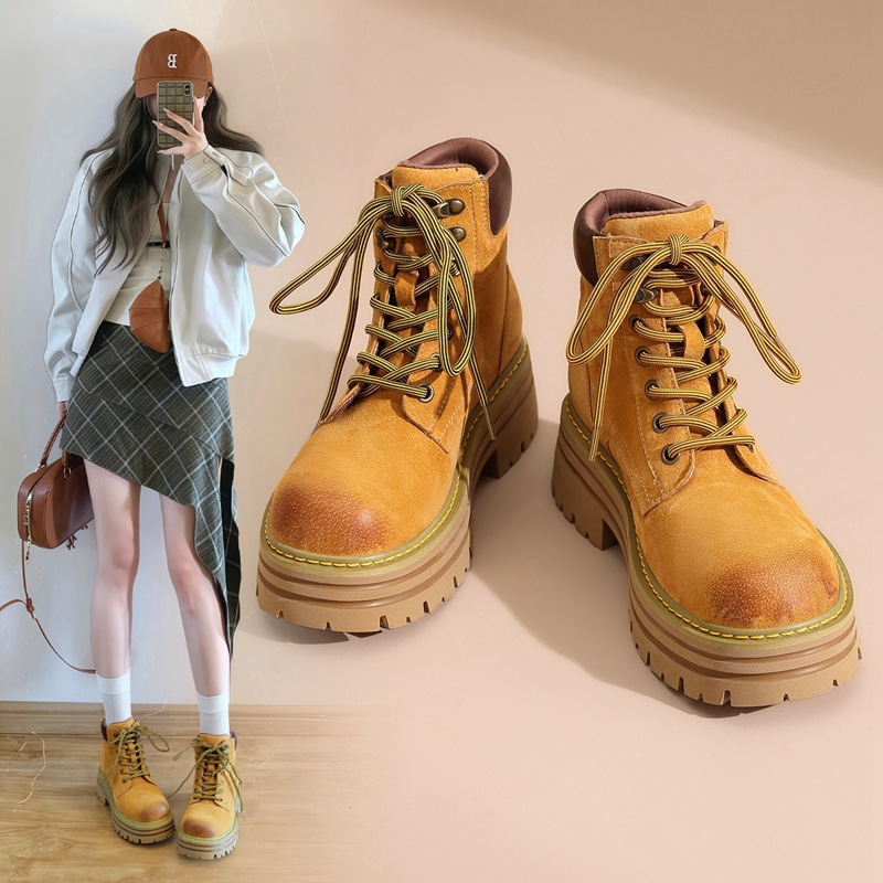 ZHR真皮马丁靴女2025秋冬新款厚底增高大黄靴英伦风户外工装靴女