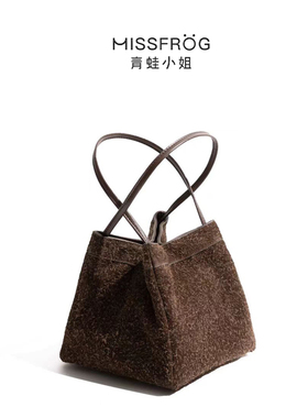 秋冬新款真皮磨砂雪花绒菜篮子包手拎小包包女小众设计锦囊包