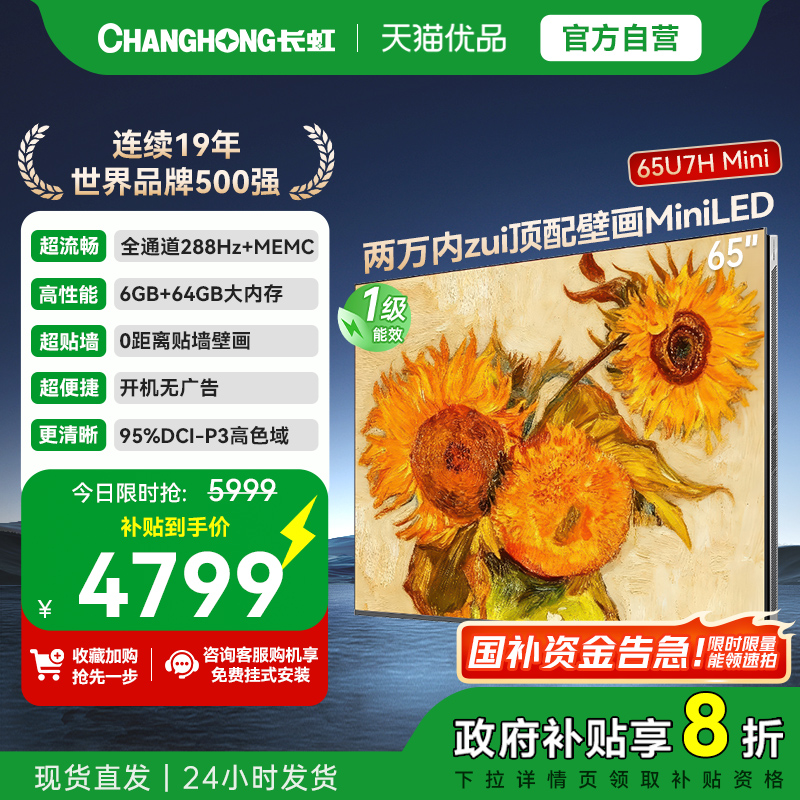 长虹65U7H Mini 壁画分区开机无广告2.1.2银翼天空声场6+64GB电视