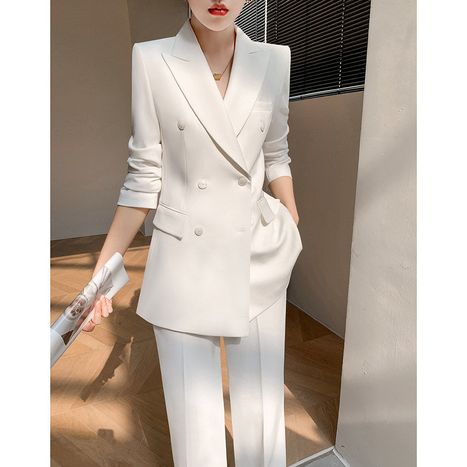 白色西装外套女2025新款春秋高端阔腿裤高级感小个子职业套装正装
