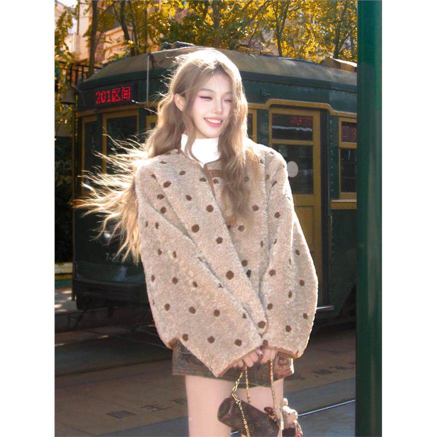 双面穿麂皮绒羊羔毛外套女冬短款时尚洋气皮毛一体波点毛绒厚上衣