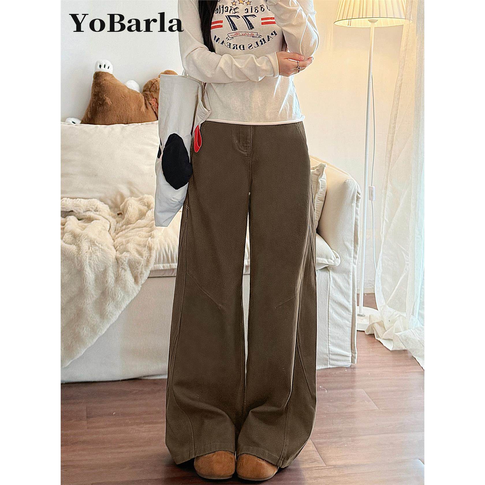 美式咖色阔腿牛仔裤女秋冬加绒显瘦胖mm梨型身材宽松大码直筒裤子