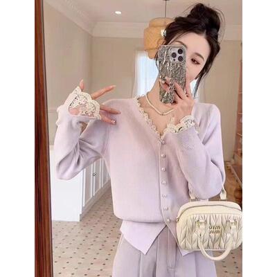 蕾丝边V领针织开衫女春秋