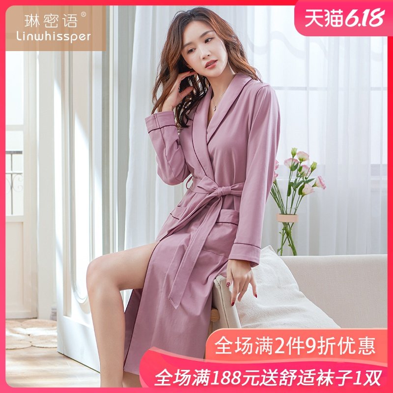 睡袍女春秋长款纯棉韩版大码浴袍性感女新娘晨袍家居服睡衣薄款夏