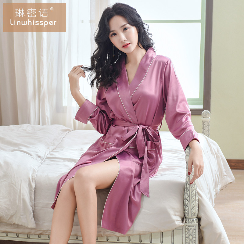 睡袍女长袖冰丝薄款春秋季韩版性感女浴袍夏天仿真丝绸空调房睡衣