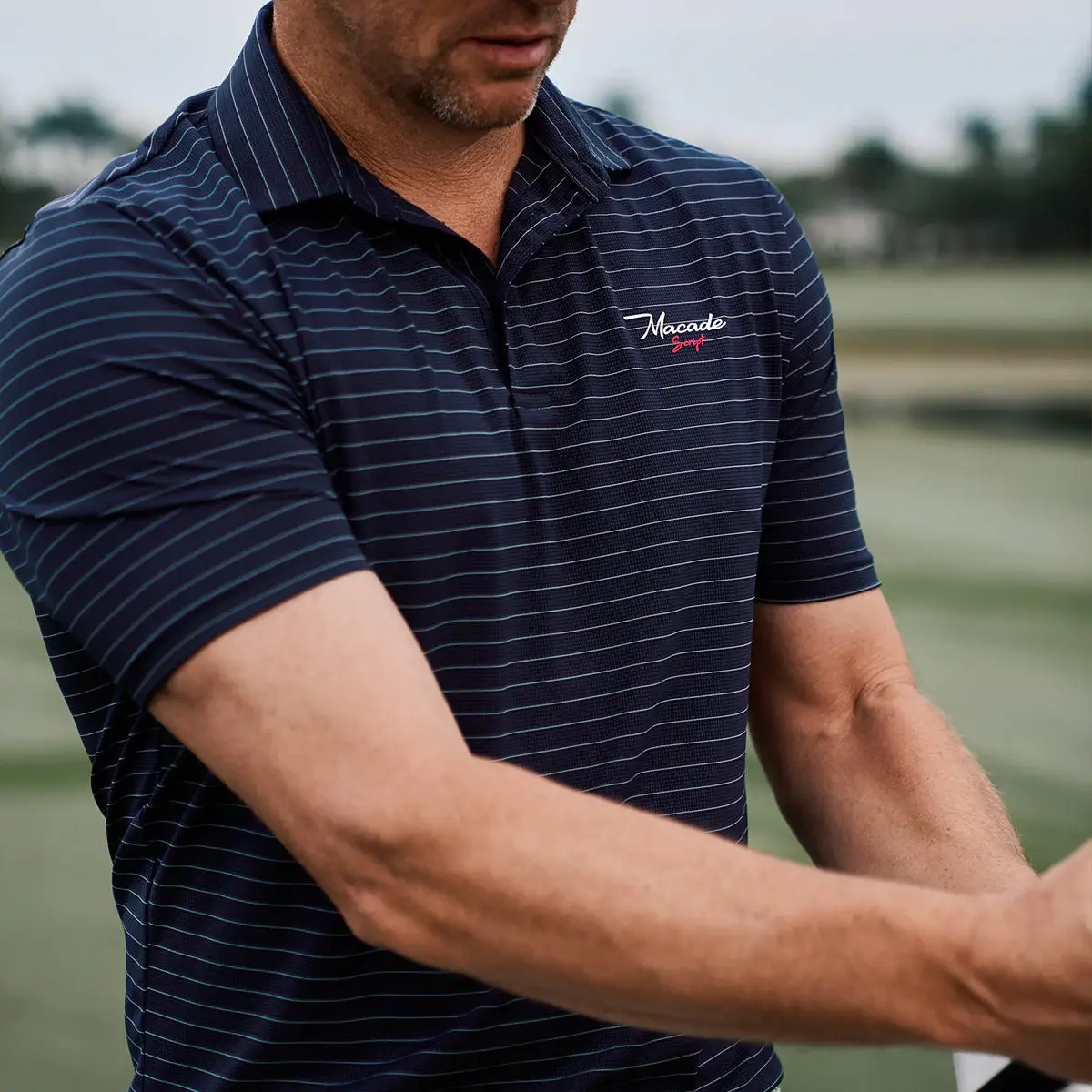 Macade高尔夫短袖衫男Navy Striped TX Script弹力透气舒适条纹版